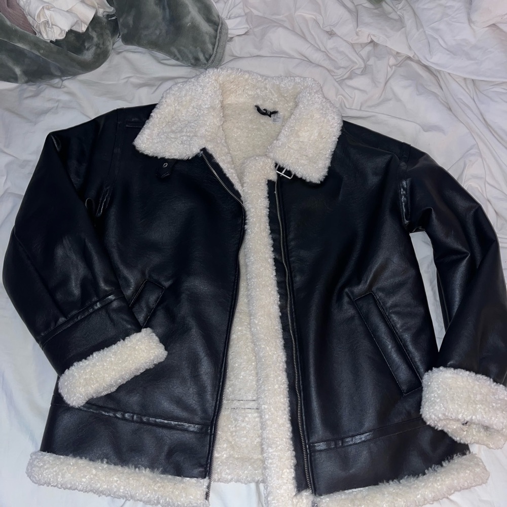 H&M Black Leather Jacket with White Shearling